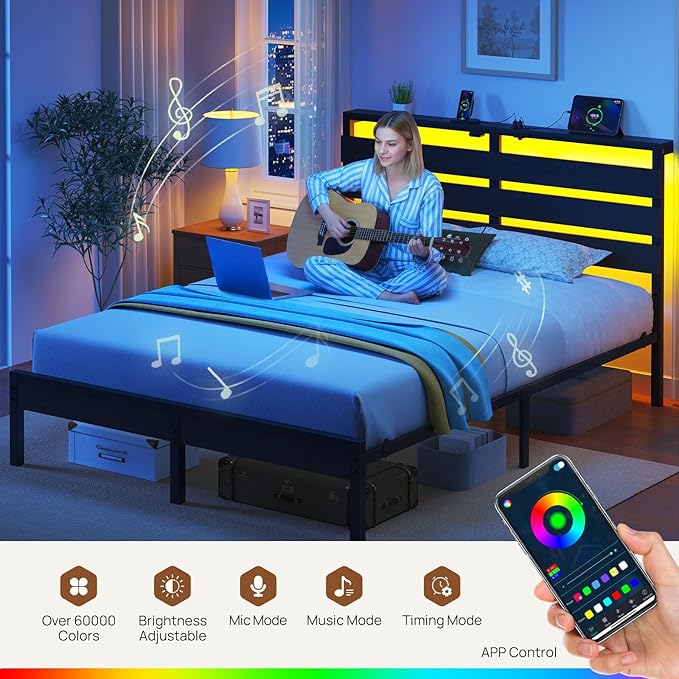 Rolanstar Bed Frame Queen Size with USB Charging Station, LED Bed Frame with Wood Storage Headboard, Black Metal Platform Bed with Under Bed Storage, No Box Spring Needed, Noise Free
