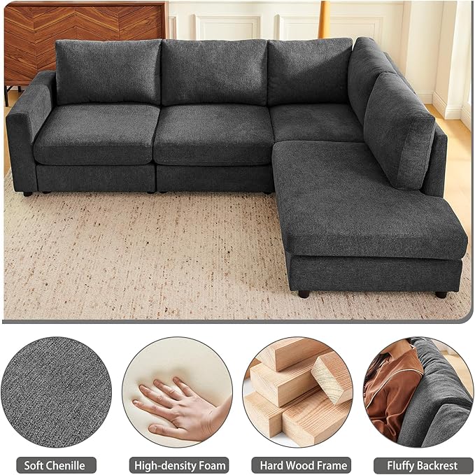 100" L-Shaped Couch with Reversible Chaise, Chenille Modular Sectional Sofa, 4-Seater Corner Couch for Living Room, Apartment, Dark Grey