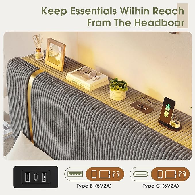 Homkdom King Size Bed Frame with 6 Storage Drawers, Soft Upholstered Bed Frame King with Adjustable Tall Corduroy Headboard, LED Light & Charging Station, 1200-LB Heavy Duty Metal Support,Modern,Grey