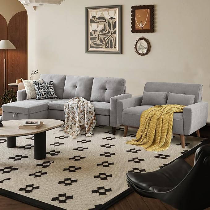 Convertible Sectional Sofa Set, Small L Shaped 3-Seat Couch with Reversible Chaise and Loveseat Sofa, Modern Polyester Sofas Couches for Living Room, Light Grey | L Shaped 3-Seat, Reversible Chaise, Loveseat Sofa, Modern Polyester, For Living Room