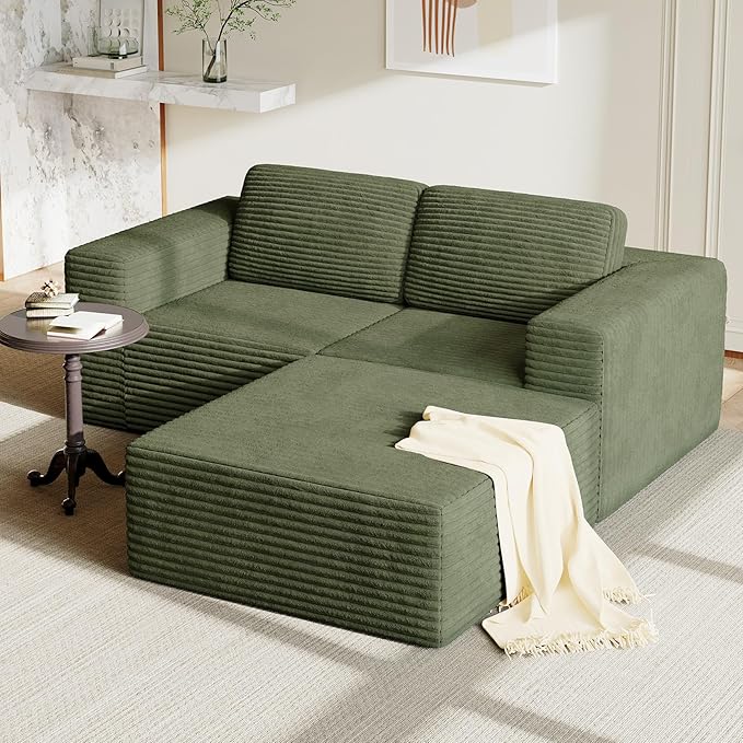 Vesgantti 80" Modular Sectional Sofa, Corduroy Cloud Couch with Deep Seats & Spring Support, Compact 2 Seater Boneless Couch, L-Shaped Modular Sofa for Small Spaces, Apartments, No Assembly, Green