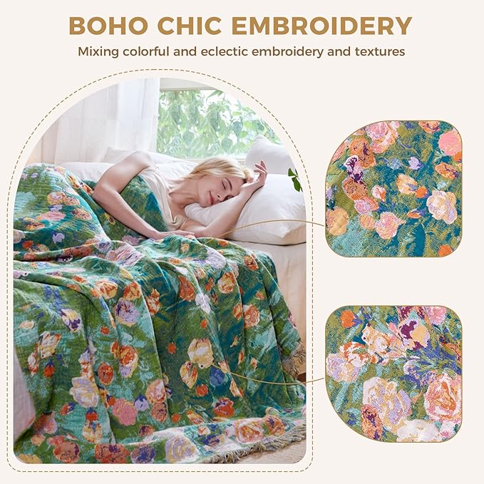 LUTBM Boho Throw Blanket for Couch Sofa Chair Spring Cotton Blankets for Bedroom Living Room All Season Soft Lightweight Reversible Floral Embroidery Decorative Throws 50"x60" Home Decor