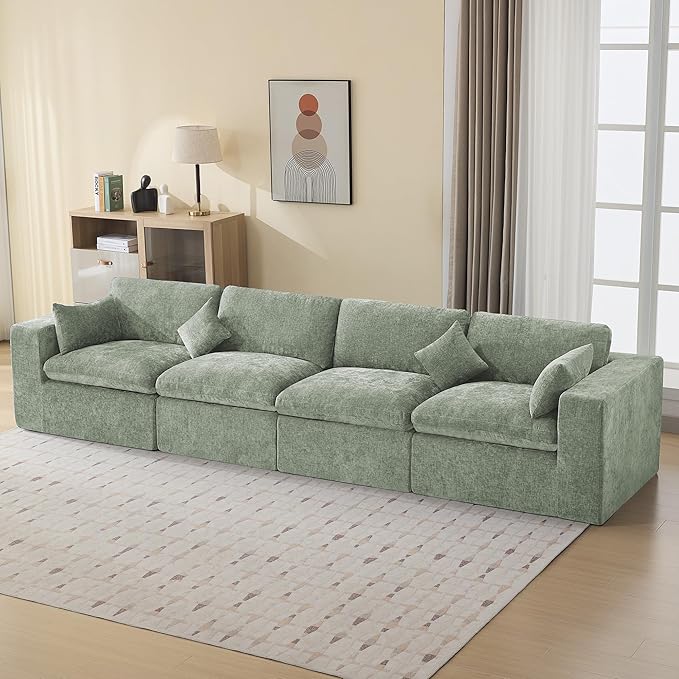 146''Cloud Boneless Sectional Couch, Modular Sectional Sofa Deep Seat, Oversized Upholstered Convertible Comfy 4 Seater Chenille Memory Foam Sofa Couches for Living Room, Green