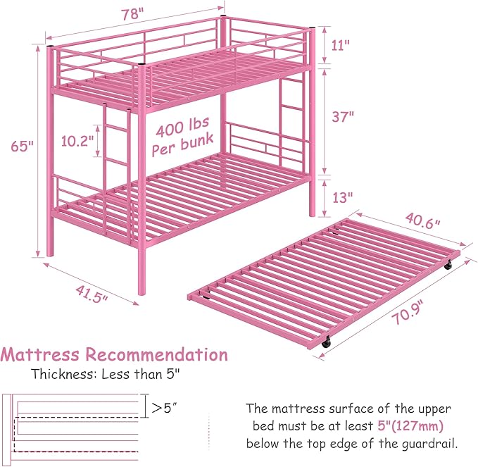 VECELO Bunk Bed Twin Over Twin with Trundle, Metal Bunkbeds with Ladder and Full-Length Guardrail, No Box Spring Needed, Space Saving, Noise Free, Pink