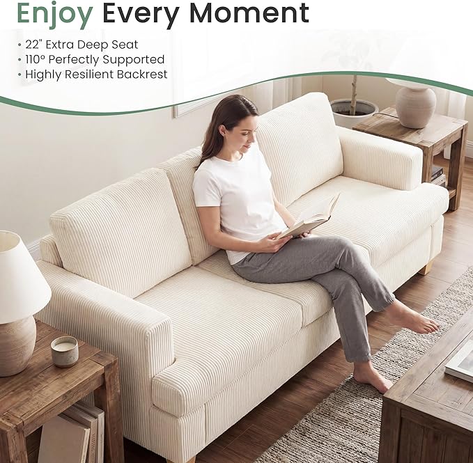 YOUDENOVA 89" White Corduroy Sofa for Living Room, 3 Seater Cloud Couch, Deep Seat Floor Couch for Bedroom, Futon Modern Sofa Bed, White Corduroy