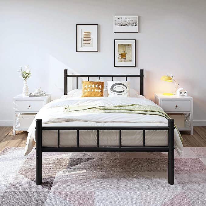 zizin Twin Size Metal Bed Frame with Headboard & Footboard 14 Inch Metal Platform Mattress Foundation Support with Steel Slat, Under Bed Storage, No Box Spring Needed