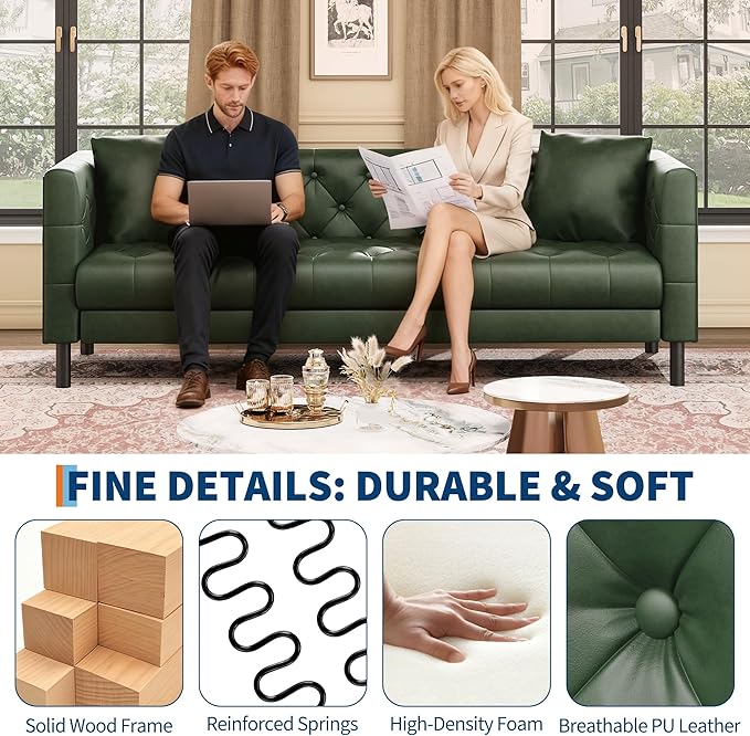 GarveeHome 81 in Leather Couch for Living Room, Modern Sofa Couch with Deep Seat and 2 Pillows, Handmade Button Tufted 3 Seater Sofa, Leather Sofa for Apartment, Office, Green