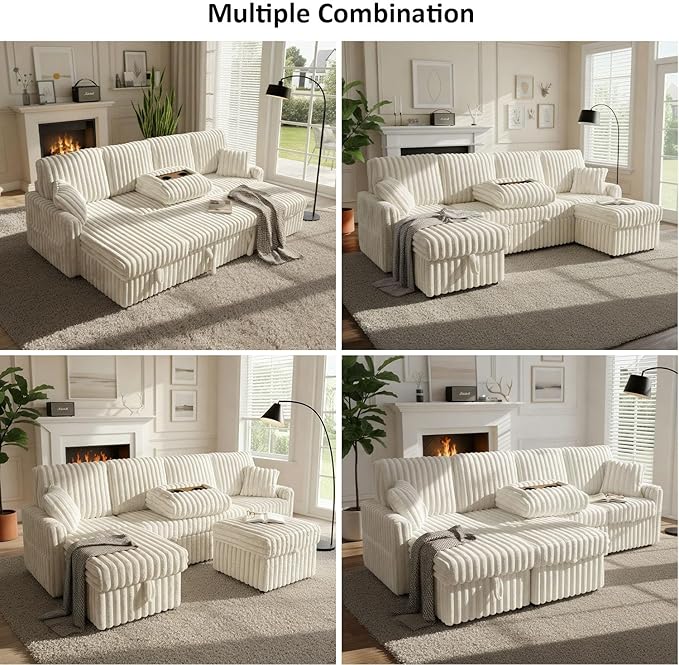 104" U Shaped Sleeper Sofa Bed, Sectional Couches for Living Room, Plush Corduroy Pull Out Couch Bed with Storage, Modular Sectional Couch with Charging Station, Cup Holder, Side Pocket, Beige