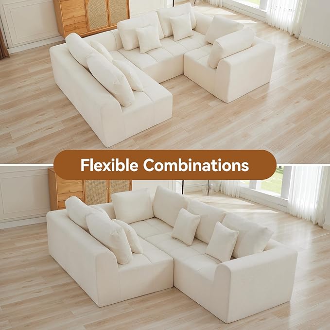 110''Modular Sectional Couches for Living Room, Cloud Boneless Compressed Sectional Sofa, Oversized U Shaped 5 Seater Upholstered Memory Foam Sofa, No Assembly, Chenille Beige
