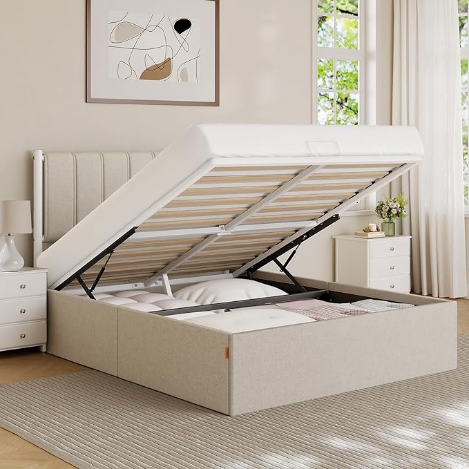 VASAGLE Lift Up Storage Bed Frame Full Size, Hydraulic Platform Bed, with Upholstered Headboard, 1100 lb Weight Capacity, No Box Spring Needed, Easy Assembly, Modern, Cappuccino Beige URMB602W01V1
