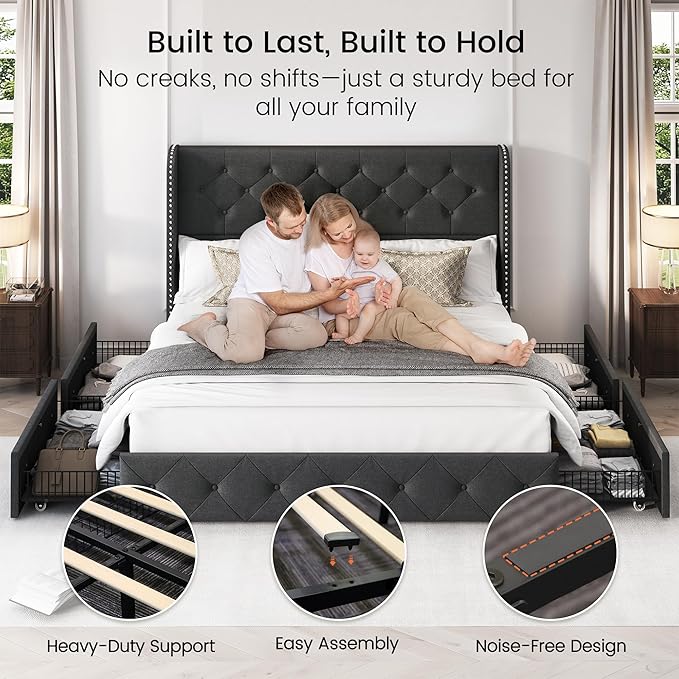 LARMACE Upholstered Queen Size Bed Frame with 4 Storage Drawers and 47.2" Tall Wingback Headboard Tufted Platform Bed Frame Linen Beds with Wooden Slats Support, Easy Assembly, Dark Grey