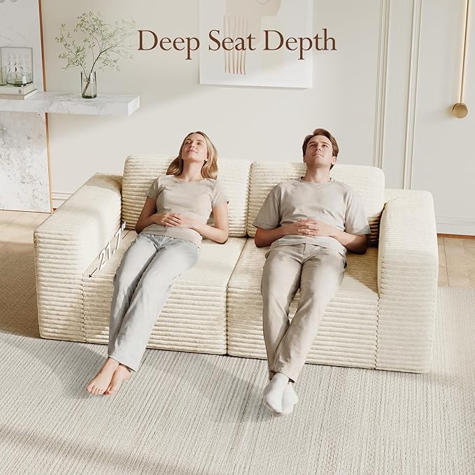 Vesgantti 80" Modular Sectional Sofa, Corduroy Cloud Couch with Deep Seating & Spring Support, 2 Seater Compact Modular Couch, Boneless Sectional Sofa for Small Spaces, No Assembly Required, Beige