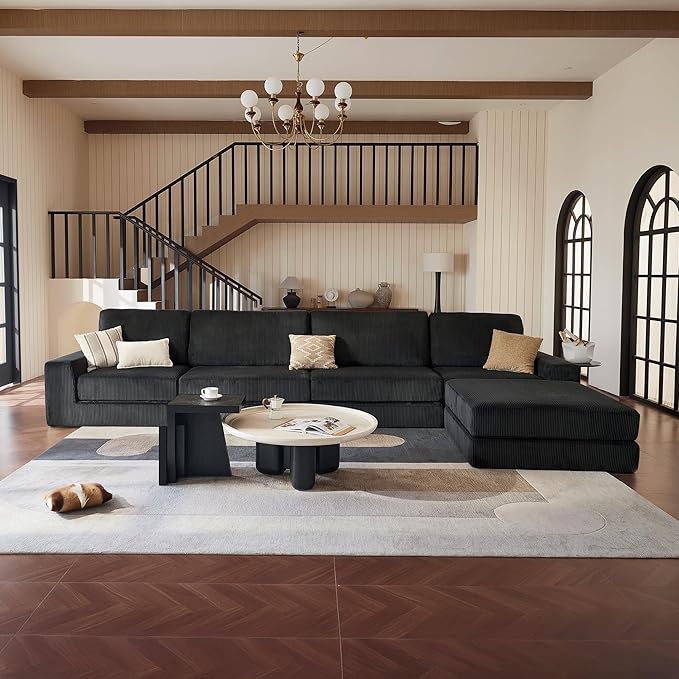 Modular Sectional Boneless Sofa, 160.63" Oversized Modern Cloud Couch Sectional Sofa with L-Shaped Chaise Comfy Corduroy Fluffy Couch with Deep Seat Couches for Living Room Bedroom, Black