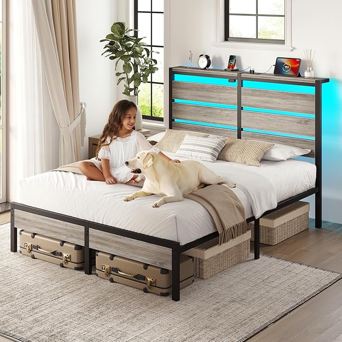 Rolanstar Queen Bed Frame with LED Lights and Charging Station, Wood Storage Headboard and Under Bed Storage, Metal Platform, Noise Free, No Box Spring Needed, Grey