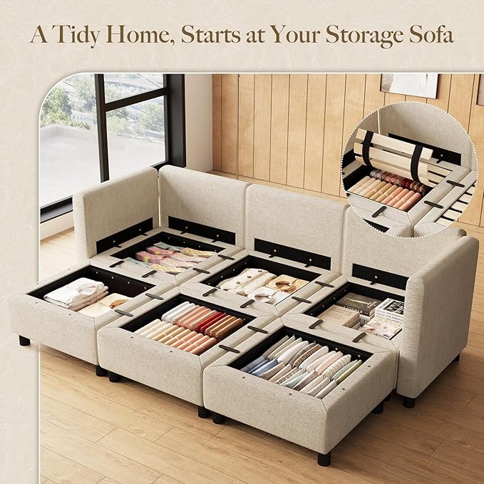 Belffin 84.3" Modular Sectional Sofa 6 Seats Sleeper Sofa Washable Sectional Couches for Living Room Comfy Couches with Storage Seat Couch Sofas with Chaise,Beige