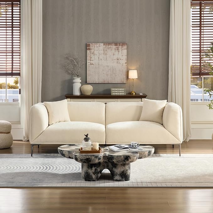 MEETAKING 82.68" Modern Sofa, 3-Seater Deep Seats Tuxedo Couch, Boucle Sofas with 2 Pillows, Minimalist Couches Straight with Metal Legs, High Armrests for Living Room,Bedroom,Home Office (Beige)