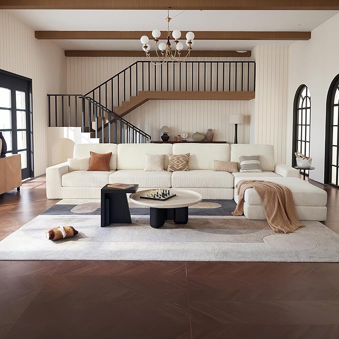 Modular Sectional Boneless Sofa, 160.63" Oversized Modern Cloud Couch Sectional Sofa with L-Shaped Chaise Comfy Corduroy Fluffy Couch with Deep Seat Couches for Living Room Bedroom, White