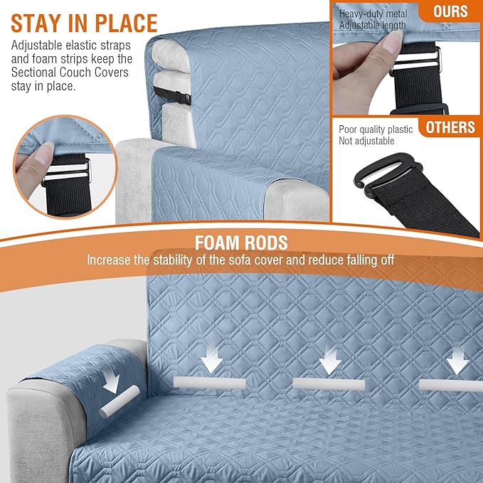 VANSOFY Sectional Couch Covers 100% Waterproof L Shaped Sofa Slipcover 3pcs Reversible Chaise Lounge Cover for Sectional Sofa Furniture Protector Cover for Pets Dog Cat(Small, Azuree)