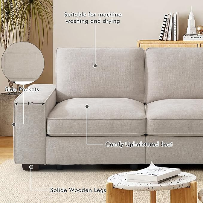 TEKAMON 100" Modular Sectional Sofa with Seats Storage, L Shaped Couch with Movable Ottoman for Living Room, Couch with Chaise, Solid Wood Frame, Spring Cushions, USB Port, Removable Covers, Beige | Seats Storage, Movable Ottoman, Flexible ModularSofa