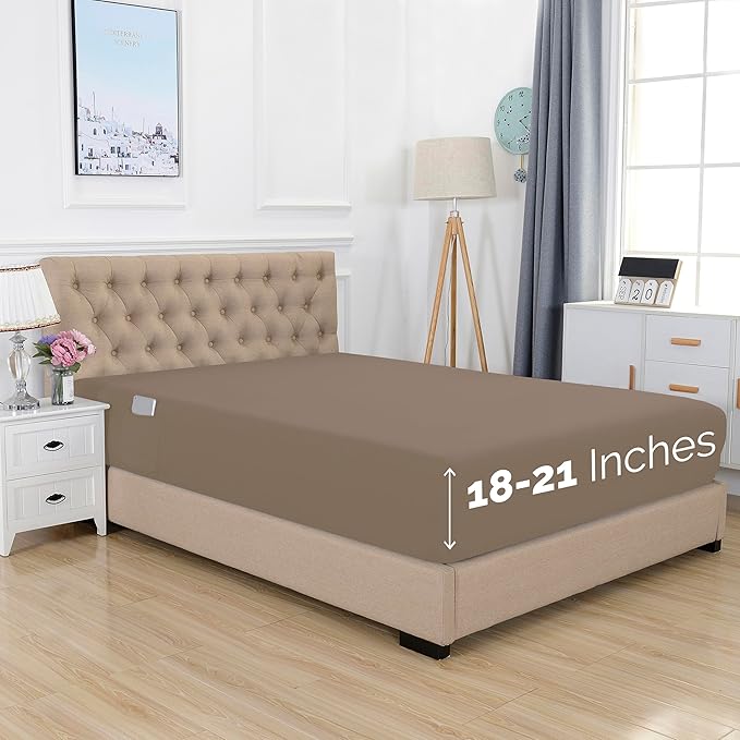 Elegant Comfort 1500 Premium Hotel Quality 18-21 Inches Deep - Extra Deep Pocket Single Fitted Sheet for High Mattress, Luxury and Softest, Smart Pocket - Wrinkle Free, Queen, Taupe
