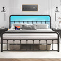 Fluest 14 Inch Queen Bed Frame Classic Metal Platform Bed Frame with Charging Station & LED, Victorian Style Iron-Art Headboard/Footboard, Under Bed Storage, No Box Spring Needed, Noise Free