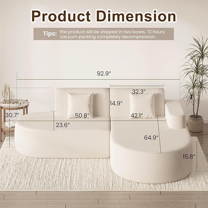 MELLCOM Modern Curved Boneless Sofa Couch, L-Shaped Corner Sofa, No Assembly Needed, Chenille Upholstered Cloud Sectional Couch for Living Room,Apartment and Bedroom (Beige, Right Hand Facing)