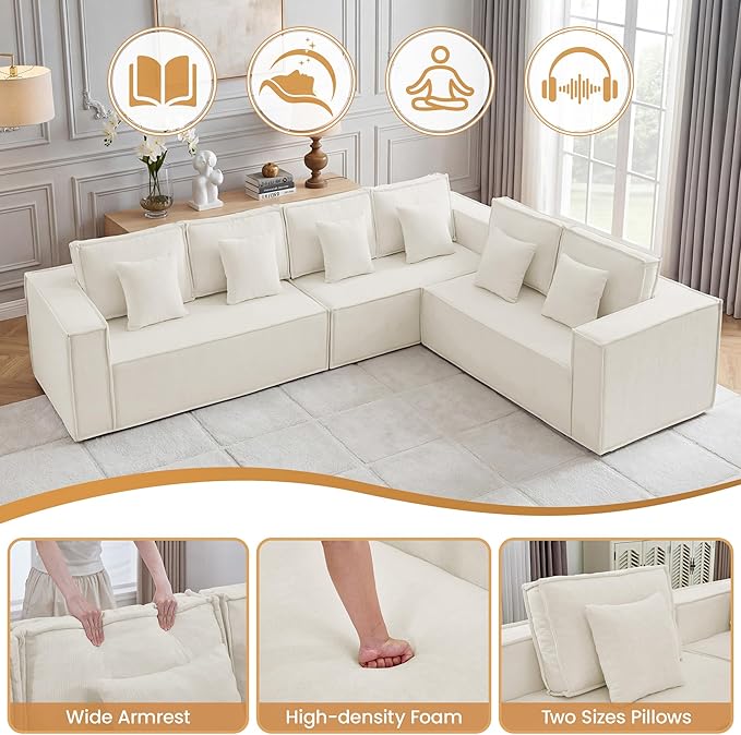 138'' Boneless L Shaped Couch, Oversized Modular Sectional 6 Seater Sofa, Modern Deep Seat Corner Cloud Compressed Couch, No Assembly Sleeper Sofa with Chaise for Living Room, Beige