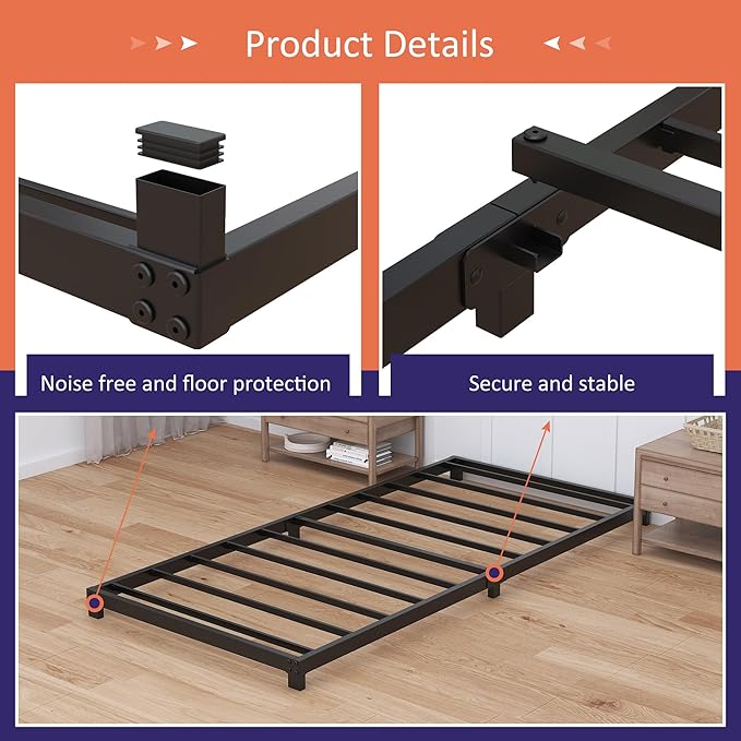 Nailsong 3 Inch Twin Bed Frames Low Profile, Twin Platform Bed Frame No Box Spring Needed, Heavy Duty Metal, Easy Assembly, Black