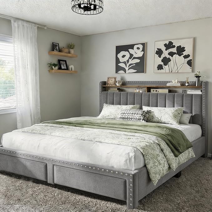 EnHomee King Size Bed Frame with 2 Metal Storage Drawers, Vertical Tufted Upholstered King Platform Bed with Headboard Shelf, 1000lbs Heavy Duty, No Box Spring Needed,Easy Assembly,Grey