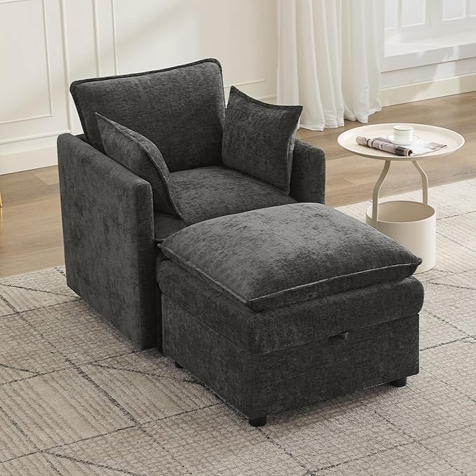 30" Cloud Modular Single Sofa Chair with Storage Ottoman, Modern Upholstered Accent Chair with Storage, Chenille Reading Lounge Armchair for Living Room, Bedroom, Small Space, Dark Grey | Storage Ottoman, Upholstered Chair, Accent Chair, Reading Lounge...