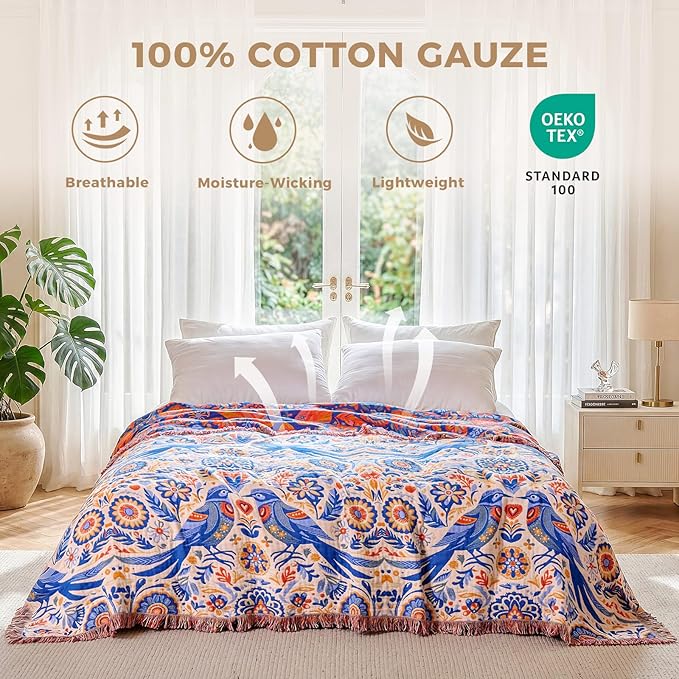 LUTBM Boho Throw Blanket for Bed Cotton Spring Blankets Twin Size for Bedroom Living Room All Season Lightweight Floral Bird Embroidery Breathable Quilt for Couch Sofa Chair 60"x80" Home Decor