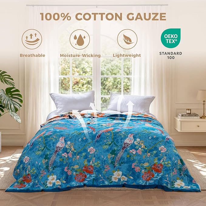 LUTBM Boho Throw Blanket for Bed Cotton Spring Blankets for Bedroom Living Room Twin All Season Lightweight Floral Birds Embroidery Quilt for Couch Sofa Chair 60"x80"