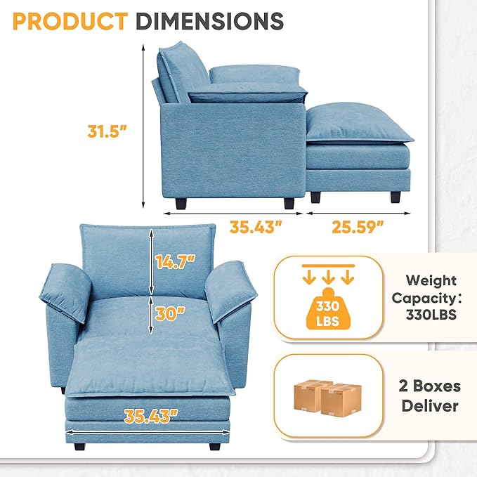 Single Chaise Lounge with 30'' Deep Seat & Movable Ottoman, Reading Chair with Wide Armrest, Chenille Cloud Couch Double Layer Cushion for Living Room, Office, Bedroom (Dark Blue, Single Sofa Chair)