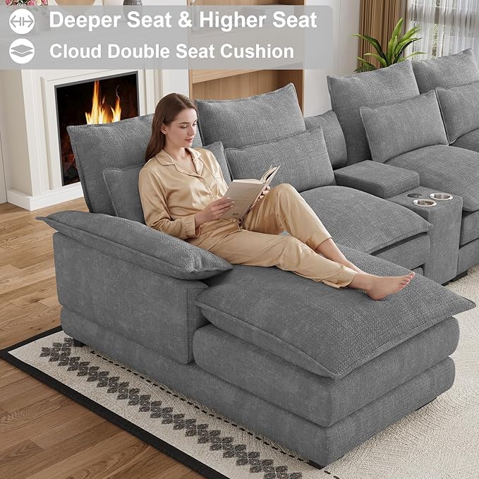 135" U Shaped Cloud Couch Sectional Modular Sectional Couches for Living Room Oversized Comfy Chenille Sofa Cloud Couch Set with Storage Central Console, USB Ports, Chaise Lounge, Ottoman, Grey