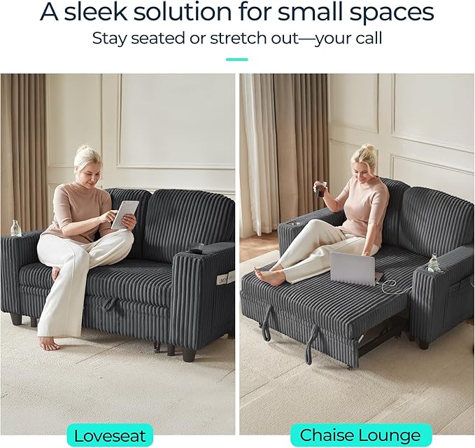LINSY HOME Sectional Sleeper Sofa Pull Out Couches for Living Room (Grey, Pull Out Couch) | Pull Out Sofa Bed, Storage, USB Charging, Cup Holders, Plush Corduroy