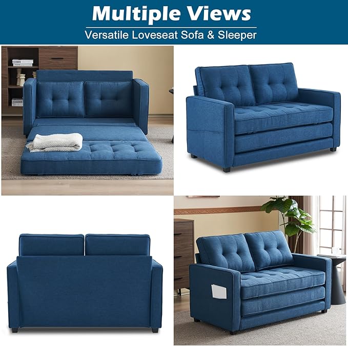 VINGLI Upgraded Loveseat Sleeper, 53.5" W 80" L Convertible Sofa Bed Couch Futon Couches for Living Room, Folding Couch Bed for Small Spaces, Foldable Floor Gaming Sofa Bed for Basement, Navy Blue