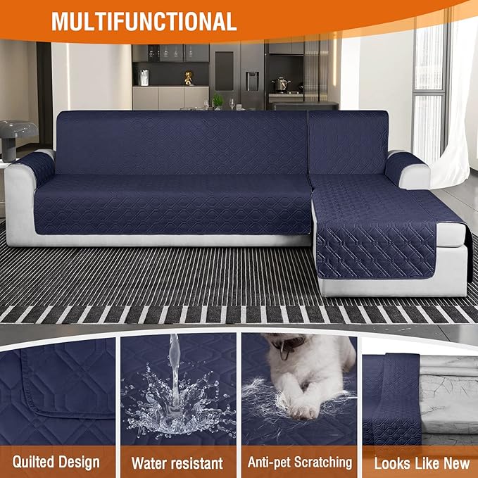 VANSOFY Sectional Couch Covers 100% Waterproof L Shaped Sofa Slipcover 3pcs Reversible Chaise Lounge Cover for Sectional Sofa Furniture Protector Cover for Pets Cat Dog(X-Large, Dark Blue)