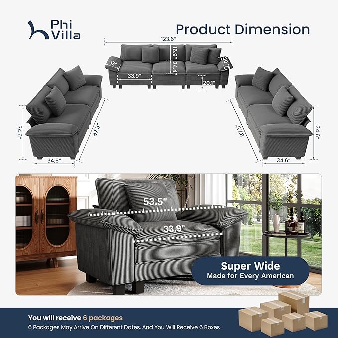PHI VILLA Cloud Modular Couches Sets, 3 Pieces Large Sectional Sofa Set with Loveseats, 7-Seater Upholstered Couch for Living Room, Corduroy, Grey