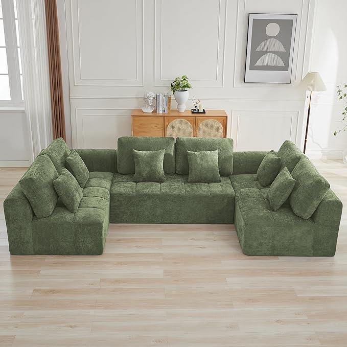 140''Modular Sectional Couches for Living Room, Cloud Boneless Compressed Sectional Sofa, Oversized U Shaped 6 Seater Upholstered Memory Foam Sofa, No Assembly, Chenille Green