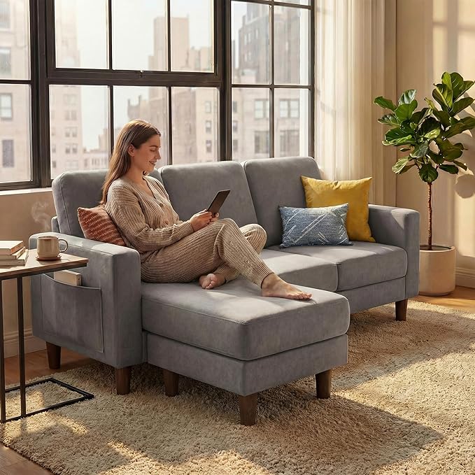 YESHOMY L-Shaped Sofa Couch, Small Couch with Reversible Chaise and Ottoman, Convertible Sectional Comfy 3 Seat Sofas with Side Pockets for Apartment and Living Room (Light Gray)
