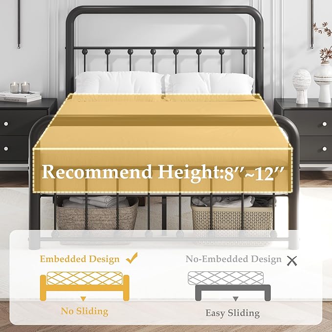 Fluest 14 Inch Full Bed Frame Classic Metal Platform Bed Frame with Charging Station & LED, Victorian Style Iron-Art Headboard/Footboard, Under Bed Storage, No Box Spring Needed, Noise Free