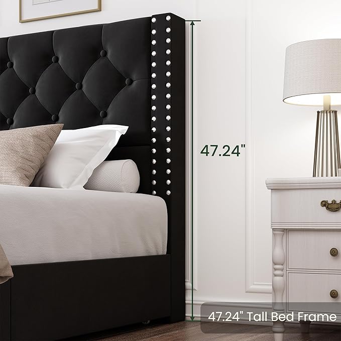 LARMACE Queen Size Platform Bed Frame with 4 Storage Drawers and Tufted Headboard Velvet Upholstered Bed Frame with Heavy Duty Wood Slats, No Box Spring Needed, Easy Assembly, Black