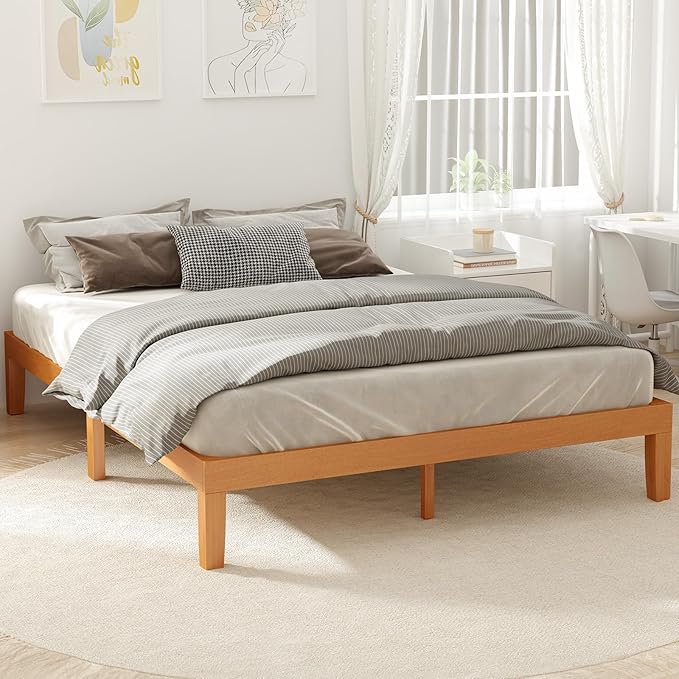 Sweetcrispy Full Size Wood Platform Bed Frame, Solid 700LBS Heavy Duty Bed Base with Wooden Slat Support, Sturdy, Stylish & Noise-Free Design, No Box Spring Needed, 12IN Natural Pine