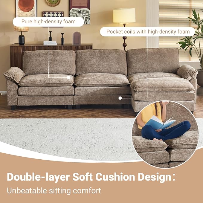 VINGLI Convertible Modular Sectional Sofa with Deep Seat & Movable 2-Layer Ottoman, L-shape Cloud Sofa with Chaise &Armrests, Oversized 3-Seater Couch for Living Room & Apartment, Chenille,Light-Brown