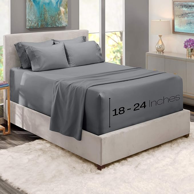 Hearth & Harbor Luxury Soft 6 Piece Bed Sheet Set Extra Deep Pocket Fitted Sheets Fits Mattress up to 21", Double Brushed Bedding Sheets & Pillowcases, Full, Frost Gray