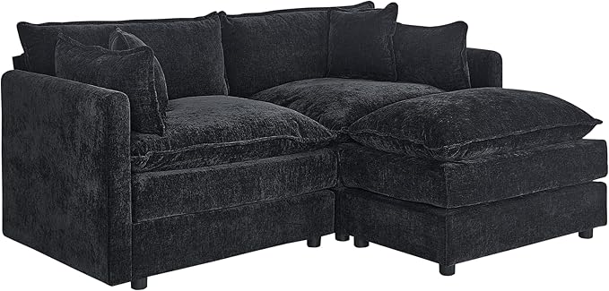 Setawix Deep Loveseat Couch with Ottoman,Large L-Shaped 2 Seater Cloud Couches for Living Room,77.16" Chenille Cloud Sofas with Deep Seat,Modular Sectional 2 Seat Sofa for Bedroom (Black, 2+1)