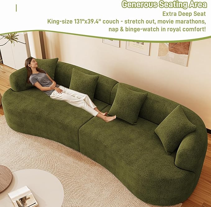 131" Curved Modular Sectional Sofa for Living Room, Modern Chenille Oversized Cloud Couch Sofa, Luxury Plush Extra Deep 4-Seater Boucle Couch for Apartment‌‌, No Assembly Required, Green