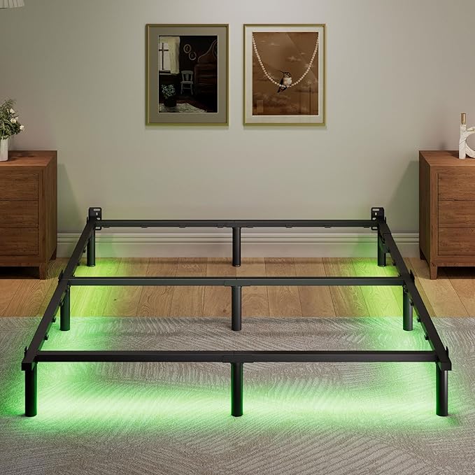 SHOANED King Size Bed Frame with LED, 7 Inch Metal Steel Bedframe for Box Spring and Mattress, Heavy Duty Basics Bed Base, Noise Free, Easy Assembly, Black, Adjustable