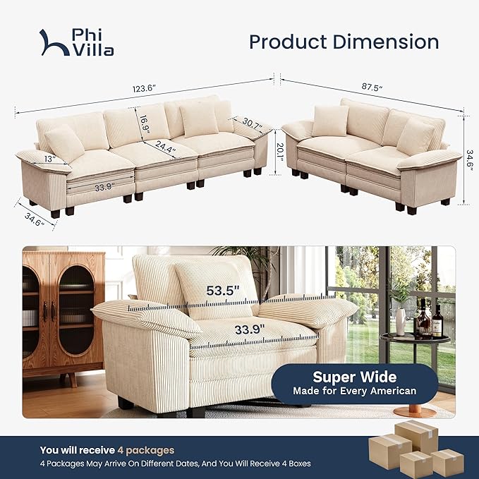 PHI VILLA 2 Pieces Modular Sofa and Loveseat Set, Corduroy 5-Seater Oversized Couch Sets with Deep Seat, Sectional Couches for Living Room, Beige