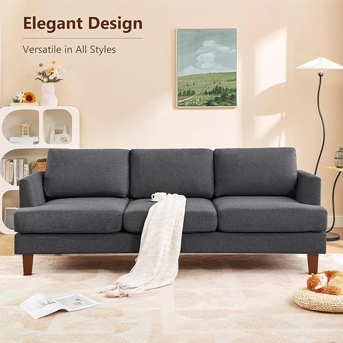 3 Seater Sofa Couch with Deep Seats, 89" Mid Century Modern Upholstered Sofa with Armrests, Comfy Couches for Living Room, Bedroom, Apartment and Office (Dark Grey)